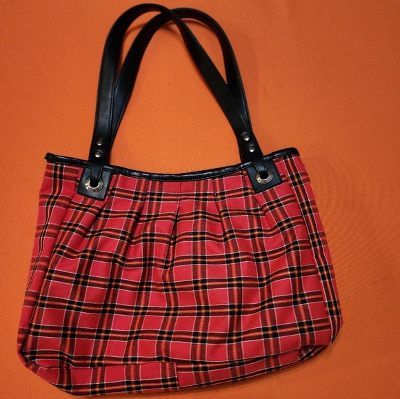 GRUNGE  90's Vintage Red and Black Capacious Tartan Tote with Pleated Design EUC - Picture 16 of 17